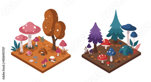 Isometric mushroom forest with colorful trees and plants in two seasons