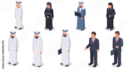 Isometric business people in traditional and modern attire on a white background