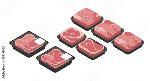 Isometric meat packaging display with beef cuts in trays