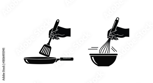 A simple graphic illustration of kitchen tools a spatula and a whisk