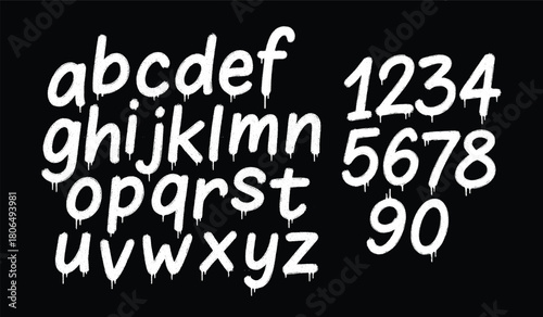 street art spray paint alphabet and numbers, drip effect typography