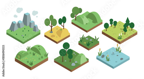 Colorful isometric landscapes with trees and natural elements