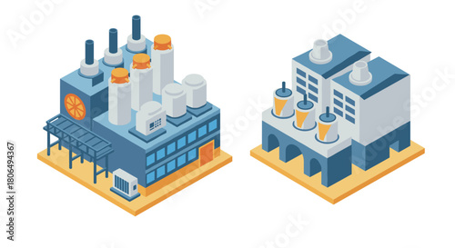 Isometric industrial buildings with detailed structures and chimneys