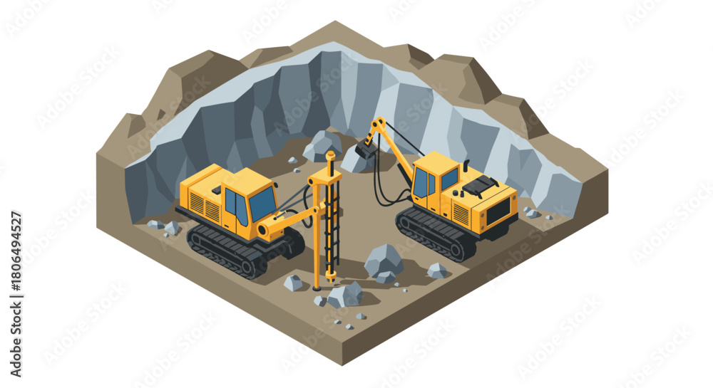 Fototapeta premium Isometric construction equipment in quarry setting
