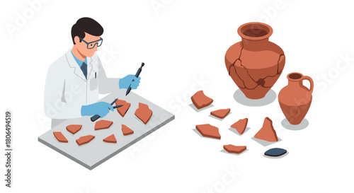 Archaeologist restoring ancient pottery with precision in isometric style