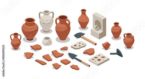 Isometric archaeology set with ancient pottery and tools on white background