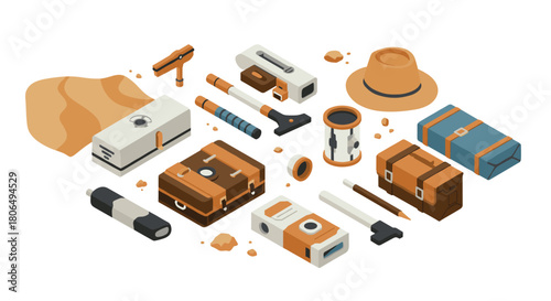 Adventure exploration gear isometric set featuring camping and travel essentials