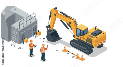 Construction site scene with excavator and workers in isometric style
