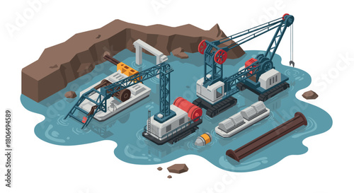 Isometric construction scene with floating heavy machinery in water