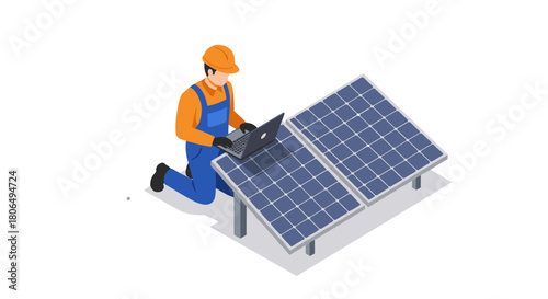 Technician in hard hat working on solar panels with laptop in isometric style