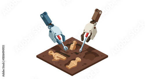 Robotic arms excavating artifacts: futuristic archaeology in isometric view