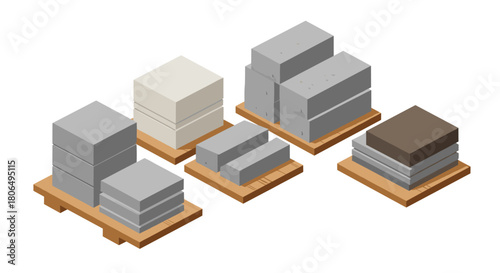 Isometric concrete blocks on wooden pallets in construction setting