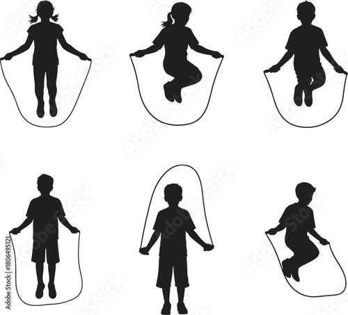 Kids Jumping Rope Skipping Silhouette Vector Set