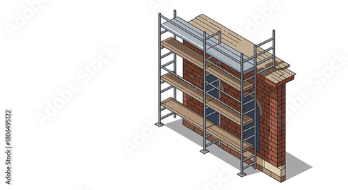 Isometric construction scaffolding with brick wall for building renovation