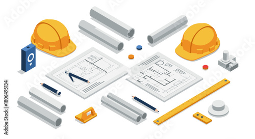 Isometric architectural workspace with blueprints, hard hats, and tools