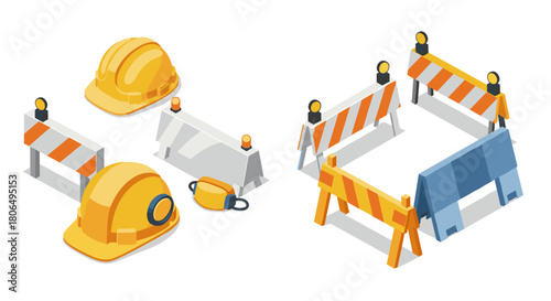 Construction safety equipment and barricades in isometric design