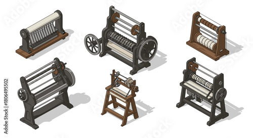 Isometric vintage spinning machines collection on white background