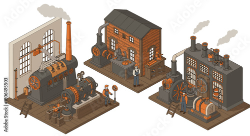 Isometric industrial workshop with vintage steam engines and workers