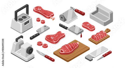 Isometric butcher tools and cuts of meat set for culinary designs