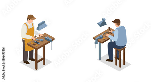 Isometric workshop: craftsmen at work in detailed 3d settings
