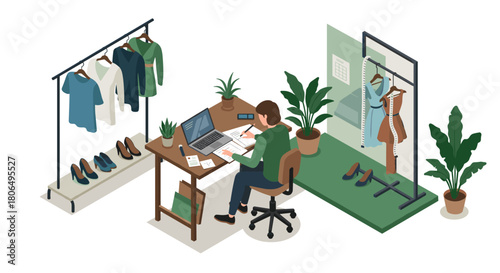 Isometric fashion designer workspace with sewing tools and clothing racks