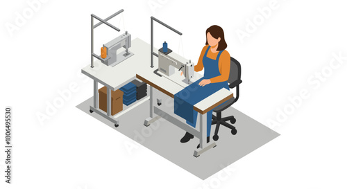 Isometric seamstress at sewing machine in tailoring workshop