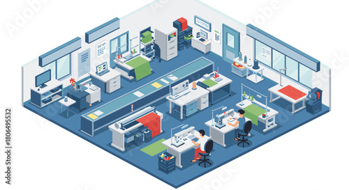 Modern office workspace in isometric view with employees and equipment