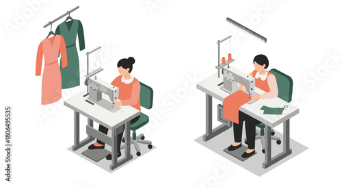 Seamstress working at sewing machine in modern tailoring workshop