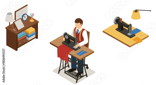 Isometric sewing concept with man working at machine and home sewing setup