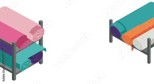 Colorful fabric rolls on shelves in isometric style
