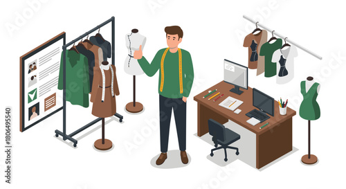 Fashion designer in office with sewing patterns and clothing racks in modern workspace