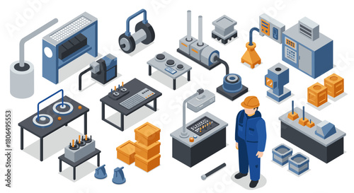 Isometric industrial equipment and factory worker in blue overalls