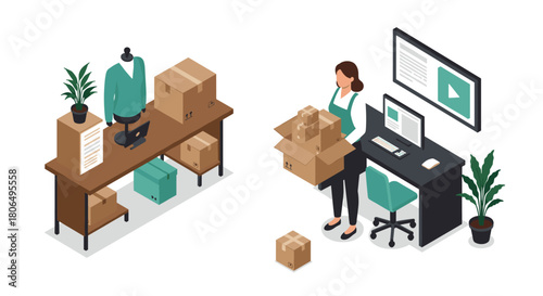 Isometric office and workspace with worker handling packages and desk setup