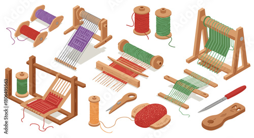 Isometric weaving tools and looms in crafting scene with yarn and accessories
