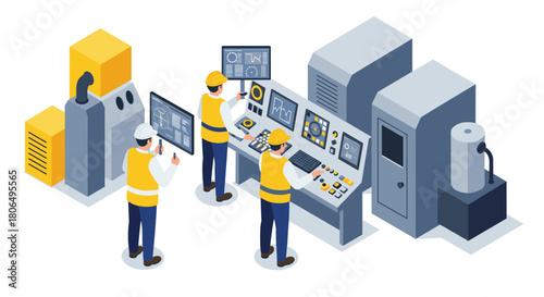 Isometric industrial automation with engineers in control room
