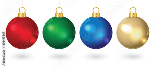 Christmas tree bauble set in the realistic glass style red green blue and golden
