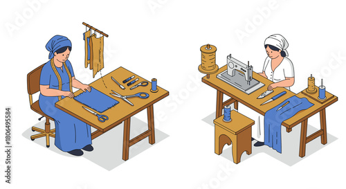 Isometric sewing workshop with female tailors: designing clothes with precision and skill
