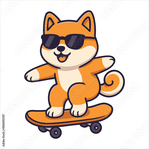 Fun Shiba Inu Dog Riding Skateboard Flat Vector Logo Illustration - Cool Pet Character