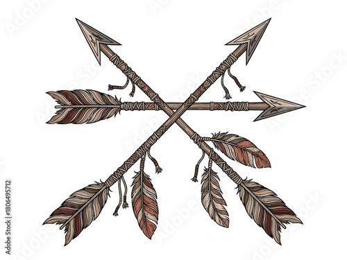 Hand-drawn illustration of two crossed arrows with feathers in a rustic, tribal style, isolated on a white background.