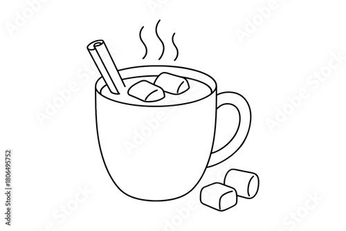 Minimalist line art hot drink with marshmallows and cinnamon stick