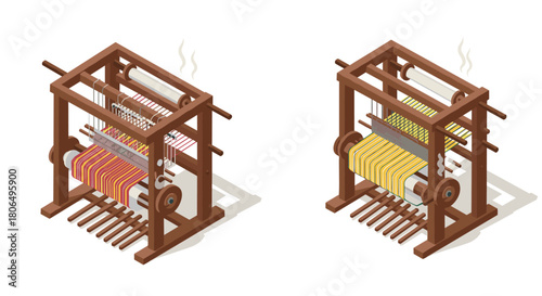 Isometric vintage loom machines with colorful textiles: traditional craftsmanship in 3d style
