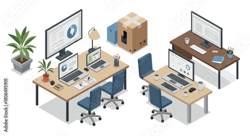 Isometric modern office workspace with desks, computers, and office supplies