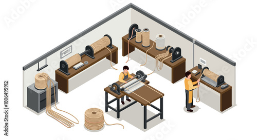 Industrial rope weaving workshop in modern isometric style
