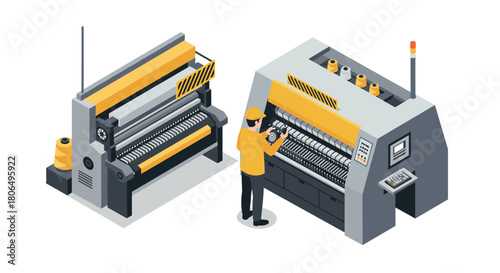 Modern isometric textile manufacturing process with industrial machines and worker