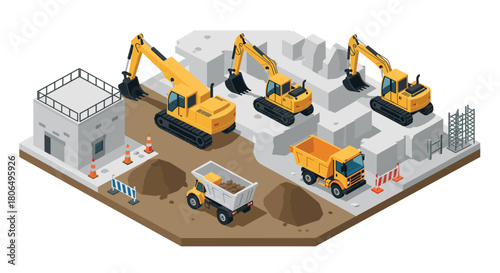 Construction site with heavy machinery in isometric style