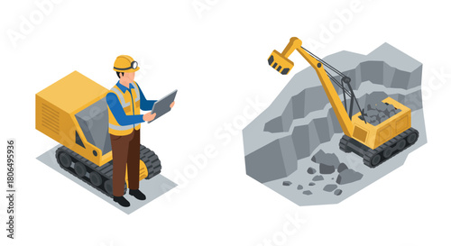 Isometric heavy machinery and construction worker in quarry site