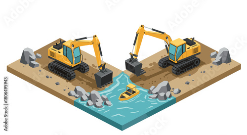 Construction site with excavators by a river in isometric design