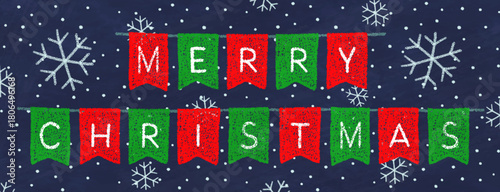 Crayon Christmas garland flags and snowflakes on blue background. Winter banner with red and green bunting with text and snow, vector illustration