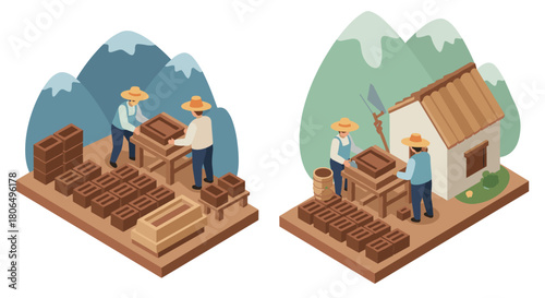 Isometric scenes of traditional brick making and house construction in mountainous landscape