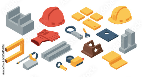 Construction tools and supplies isometric rendering with safety equipment and building materials